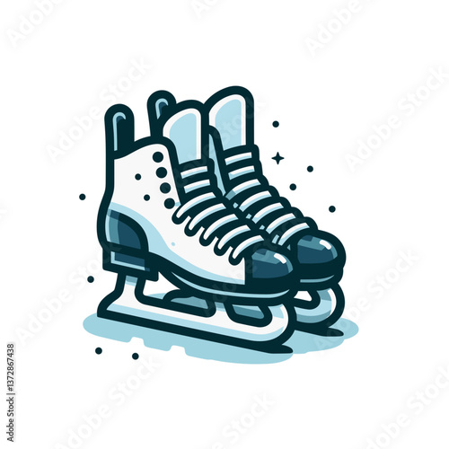 Vector illustration of white ice skates on blue background with sparkles. Perfect for winter sports shop catalog, ice skating school promotion, or winter activity blog visualization.
