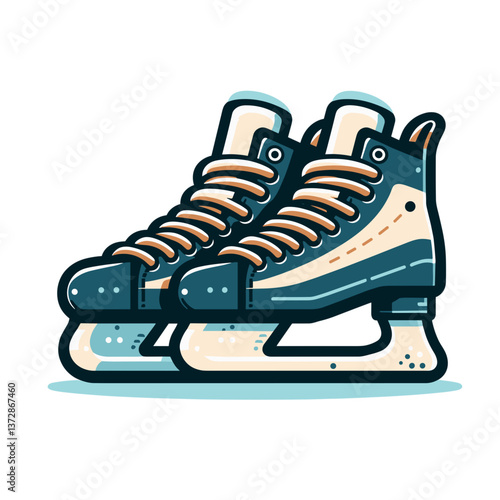 Vector illustration of blue ice skates with white laces. Perfect for winter sports websites, ice rink promotions, and figure skating equipment stores.