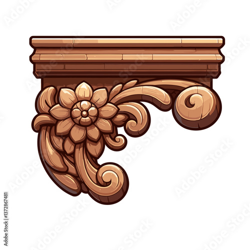 Vector illustration of decorative wooden corner element with carved flower ornament. Ideal for architecture design visualization, furniture decoration catalog, or woodworking craft blog.