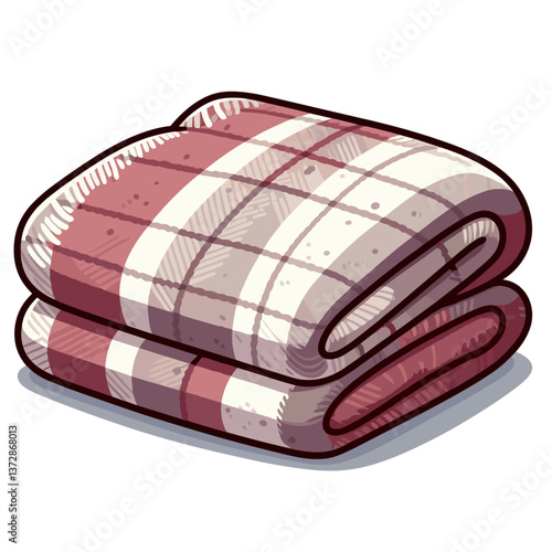 Vector illustration of folded plaid blanket in red and white check pattern. Perfect for home textile blogs and cozy interior design websites.