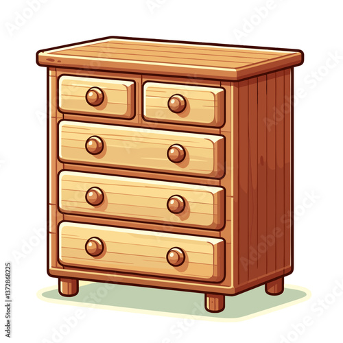 Vector illustration of wooden chest of drawers with five drawers in warm honey tones. Ideal for furniture websites, bedroom decoration blogs, or storage solution guides.
