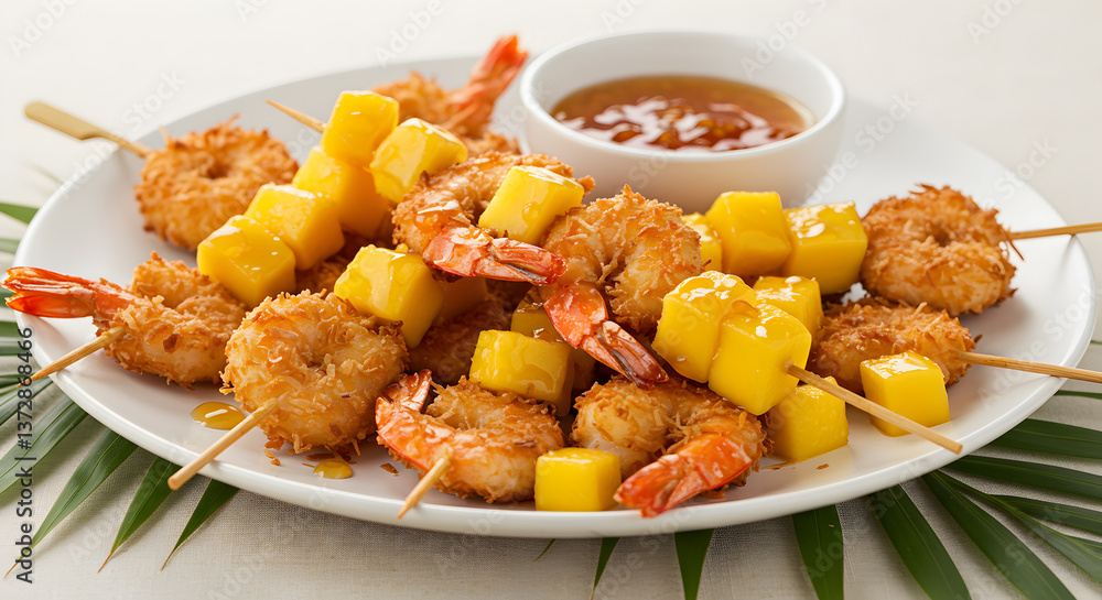 Exotic coconut shrimp skewers with ripe mango chunks served on a white plate Exotic coconut shrimp skewers with ripe mango chunks served on a white plate