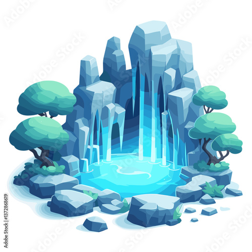 Vector art of magical blue crystal fountain or waterfall. Perfect for fantasy game environments, meditation app visuals, and magical landscape illustrations.