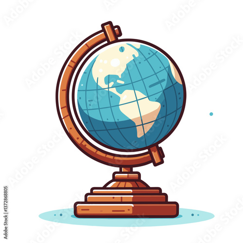 Vector illustration of desktop world globe on wooden stand with blue oceans. Ideal for educational resources, travel agency promotion, or geography classroom visualization.