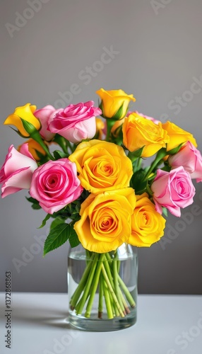 A vibrant bouquet of pink and yellow roses in a clear glass vase, decoration, botany
