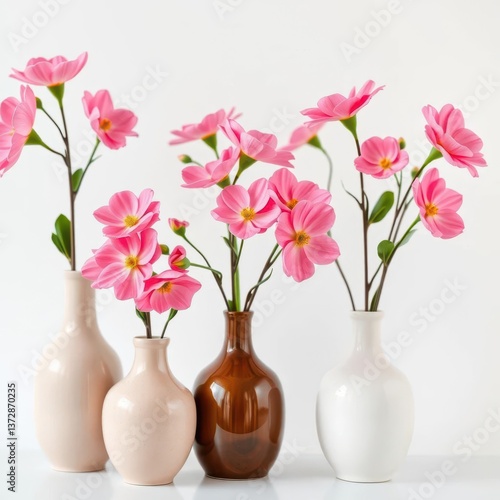 Elegant pink flowers in a row of ceramic vases on a white background, feminine, still life