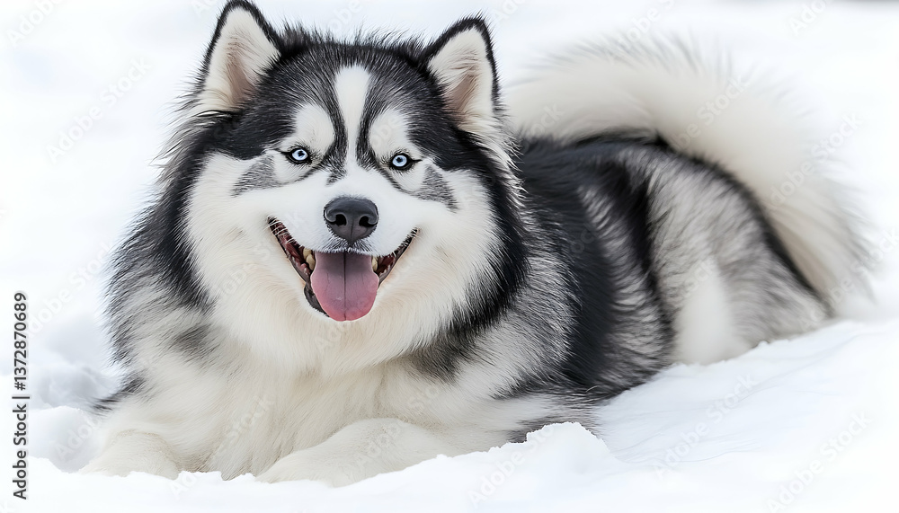 Naklejka premium Happy Siberian Husky Lying in White Snow with Open Mouth and Protruding Tongue in Winter Season with Blue Eyes