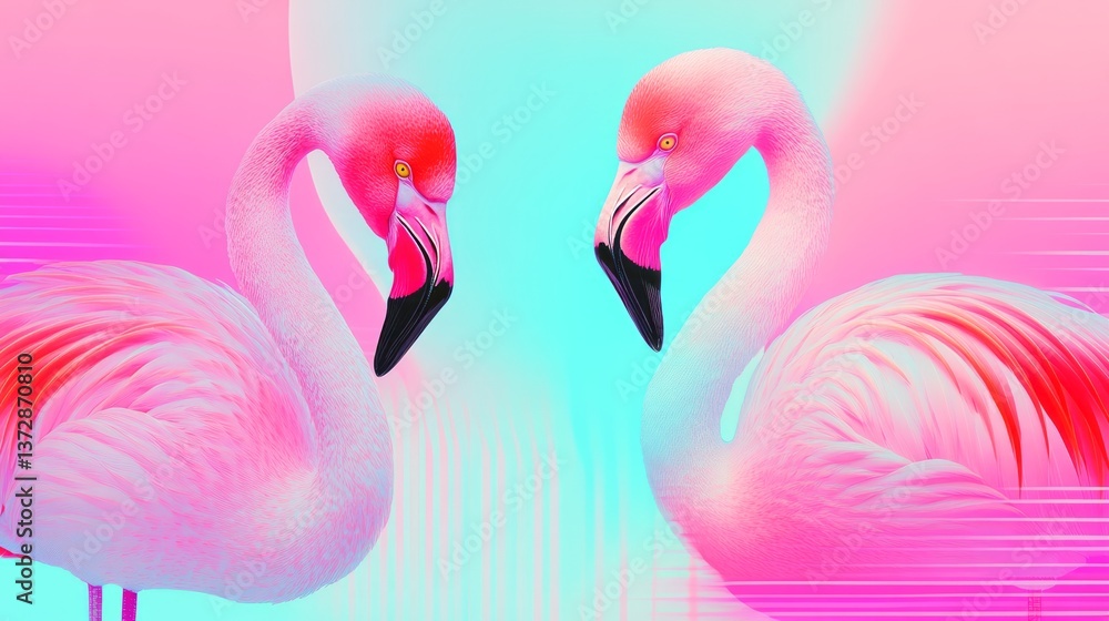 Naklejka premium Two bright pink flamingos stand side by side against gradient backdrop