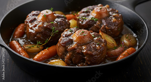 Elegant presentation of slow-braised oxtail dish with roasted vegetables and herbs