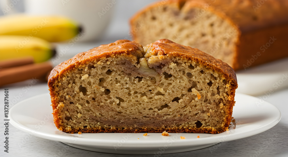 Delicious Slice of Homemade Banana Bread on a White Plate Still Life Delicious Slice of Homemade Banana Bread on a White Plate Still Life