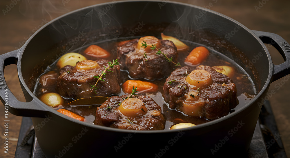 Hearty oxtail stew simmering in a cast iron pot, rustic culinary masterpiece Hearty oxtail stew simmering in a cast iron pot, rustic culinary masterpiece