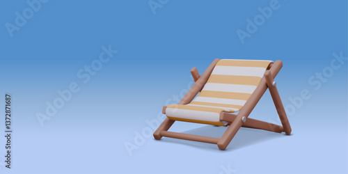 3D Icon Yellow Striped Beach Chair with Shadow. Coastal chaise lounge Summer Time to Travel. Vector stylized illustration