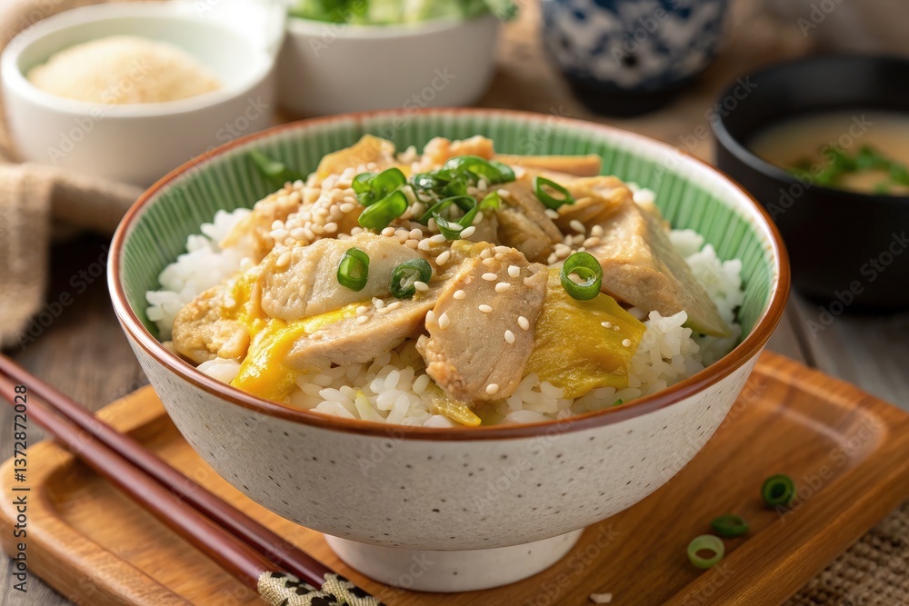 Delicious Chicken Rice Bowl With Sesame and Green Onions Generative AI Delicious Chicken Rice Bowl With Sesame and Green Onions Generative AI