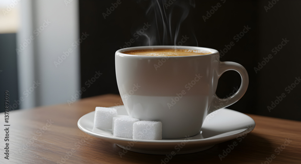 Steaming coffee cup with sugar cubes on a saucer, capturing a moment of indulgence Steaming coffee cup with sugar cubes on a saucer, capturing a moment of indulgence