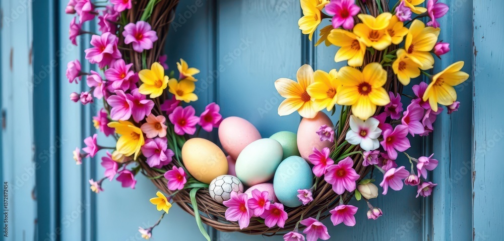 Pastel Easter eggs nestled in a vibrant spring wreath adorning a door, decoration, April, background
