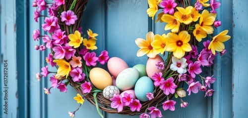 Obraz na płótnie Pastel Easter eggs nestled in a vibrant spring wreath adorning a door, decoration, April, background w salonie