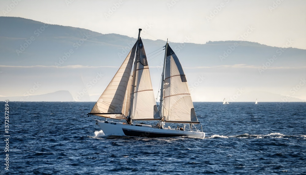 A sailboat is sailing in the ocean with a clear blue sky in the background A sailboat is sailing in the ocean with a clear blue sky in the background