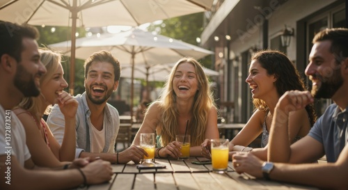 Laughing Friends at Outdoor Cafe
