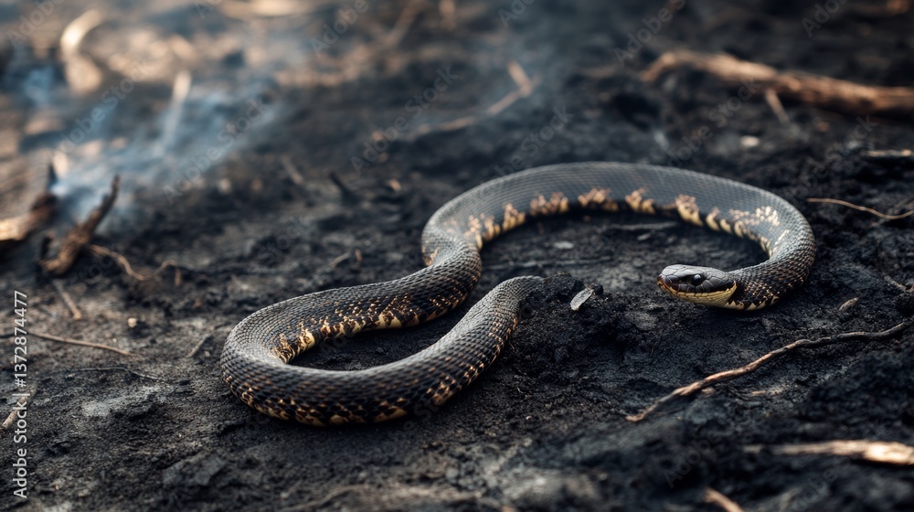 Obraz premium A snake slithering over blackened soil, highlighting the adaptations of certain wildlife species to post-wildfire environments,