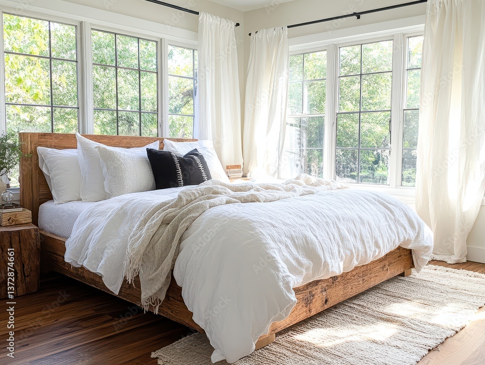 Fototapeta premium Bright and Cozy Bedroom with Natural Light and Minimalist Decor