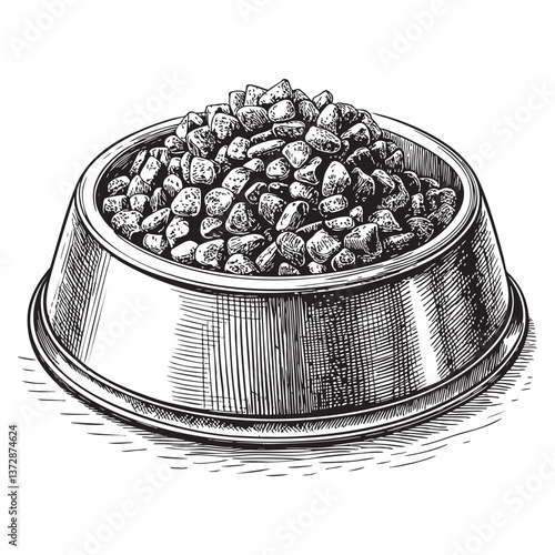 stainless steel bowl filled with chicken and rice-flavored dry cat food for adult cats engraving vector illustration