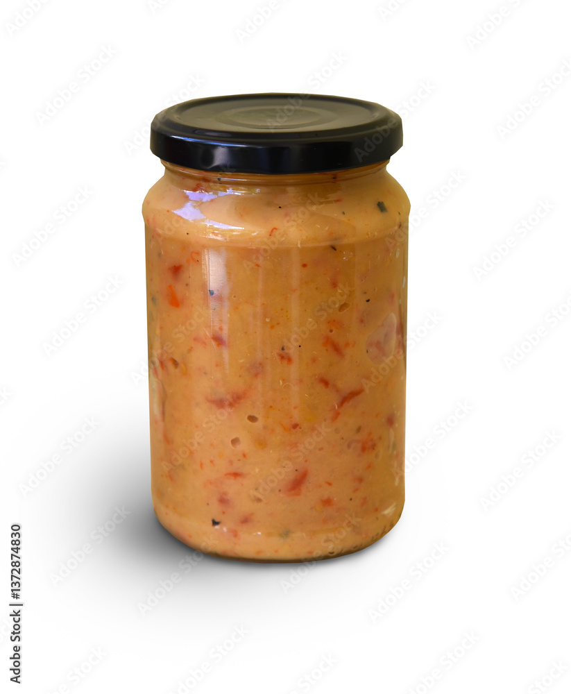 sauce in glass jar isolated on white background. Homemade sauce, seasoning, spicy paste. Bulgarian lyutenitsa, or Balkan ajvar, with tomatoes, eggplant, paprika, garlic. Traditional seasoning sauce in glass jar isolated on white background. Homemade sauce, seasoning, spicy paste. Bulgarian lyutenitsa, or Balkan ajvar, with tomatoes, eggplant, paprika, garlic. Traditional seasoning