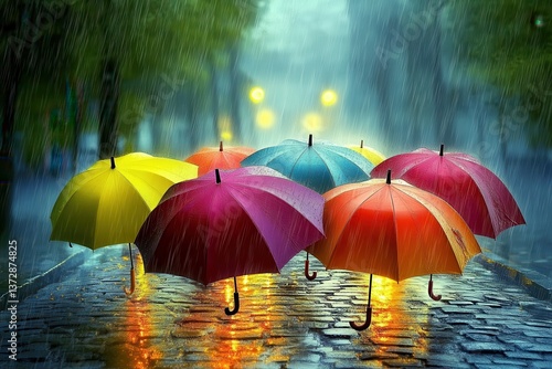 Wallpaper Mural A vibrant and colorful scene of a rainy day captured with umbrellas in various hues, adding a pop of color to the setting. Torontodigital.ca