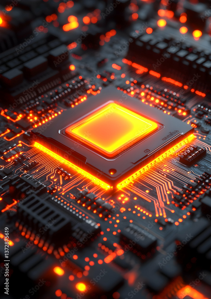 Illuminated Orange Computer Chip on Circuit Board Background with Intricate Details a Symbol of Modern Technology and Artificial Intelligence Era Illuminated Orange Computer Chip on Circuit Board Background with Intricate Details a Symbol of Modern Technology and Artificial Intelligence Era