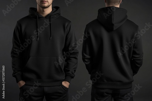 Black male sweatshirt set template isolated. Man sweatshirts set with mockup and copy space. Hoody design. Hoodie front and back view. Closeup