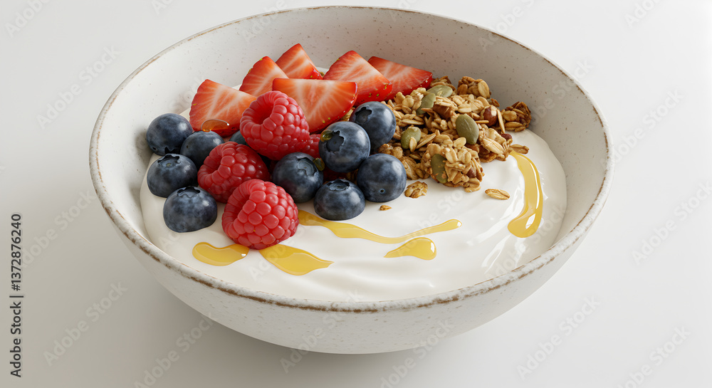 Delicious yogurt breakfast bowl topped with fresh berries and granola delight Delicious yogurt breakfast bowl topped with fresh berries and granola delight