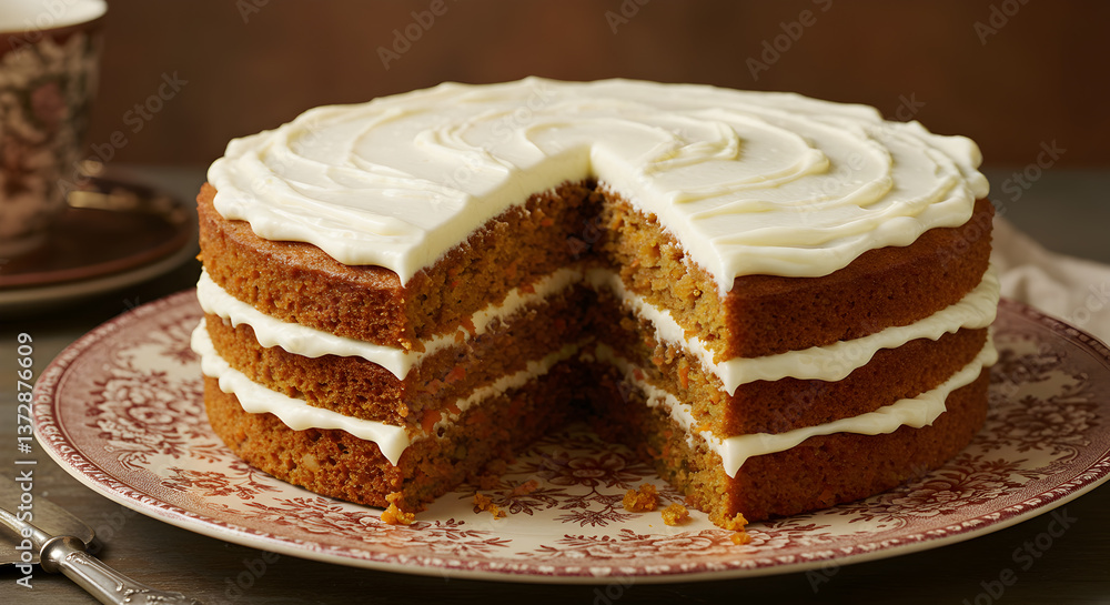 Delicious carrot cake with cream cheese frosting, perfect for dessert or celebration Delicious carrot cake with cream cheese frosting, perfect for dessert or celebration