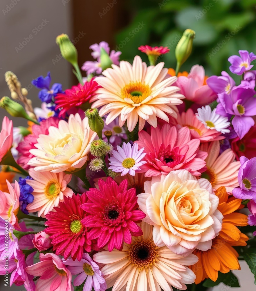 A vibrant bouquet of colorful Mother's Day flowers, roses, nature, leaves A vibrant bouquet of colorful Mother's Day flowers, roses, nature, leaves