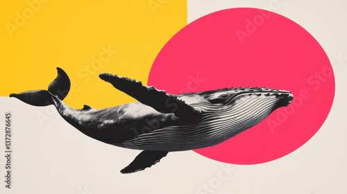 Humpback whale swims across a backdrop of geometric shapes