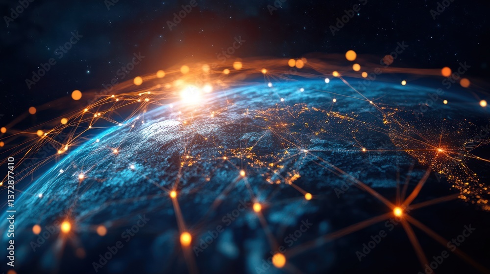 Earth encircled with a network of connections and illuminated light Earth encircled with a network of connections and illuminated light