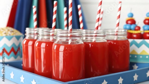 4th of July Party Ideas Bright red drinks in mason jars with striped straws, set against a colorful, festive backdrop.
