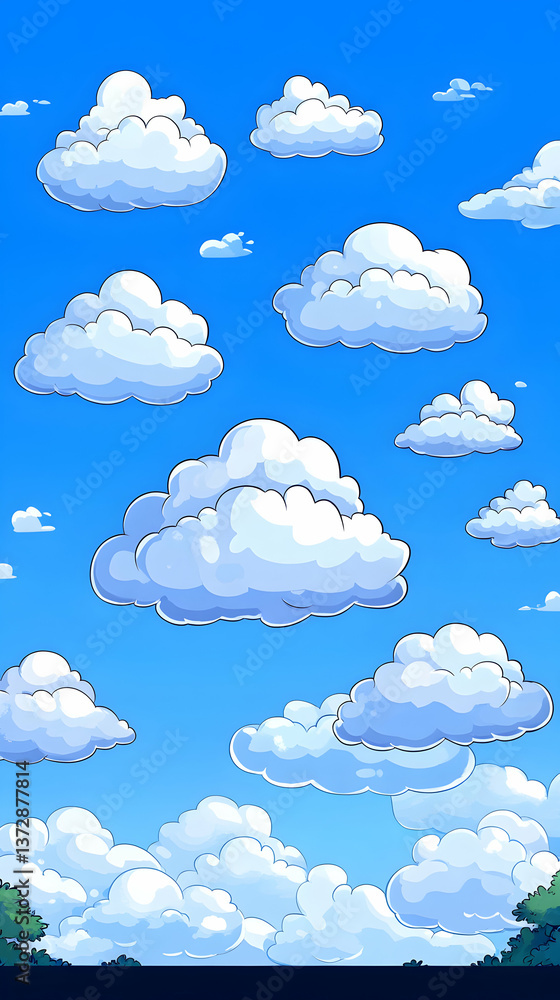 Sky scene shows fluffy white clouds scattered across a blue sky while trees sit at the bottom with dark shadows Sky scene shows fluffy white clouds scattered across a blue sky while trees sit at the bottom with dark shadows