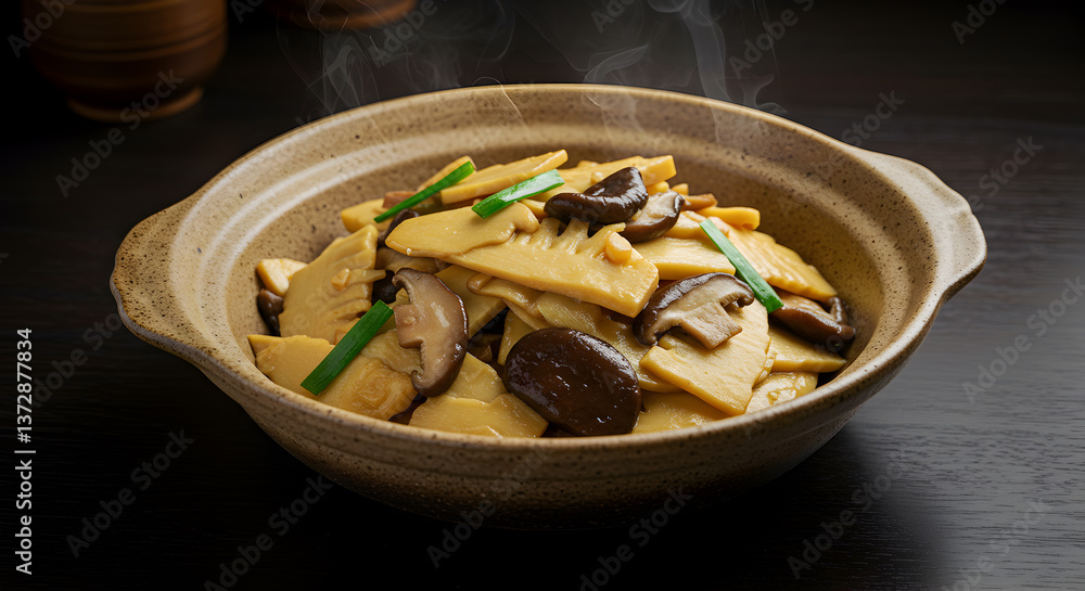 Steaming Chinese Bamboo Shoots and Mushroom Stir-Fry in Rustic Bowl Steaming Chinese Bamboo Shoots and Mushroom Stir-Fry in Rustic Bowl