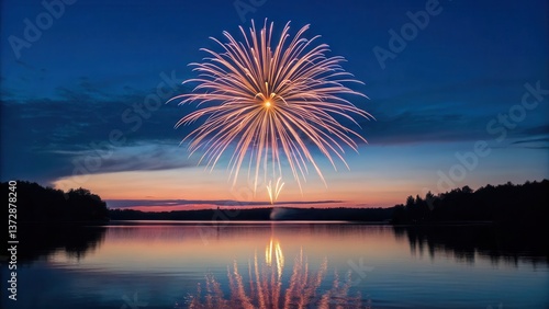4th of July Party Ideas Majestic fireworks burst over a tranquil lake at sunset, reflecting vibrant colors on the water's surface.