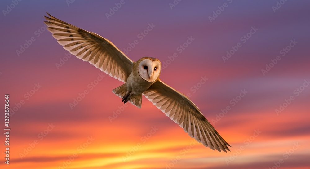 Fototapeta premium Barn Owl in Flight at Sunset - A barn owl soars gracefully against a vibrant sunset sky, wings outstretched in mid-flight