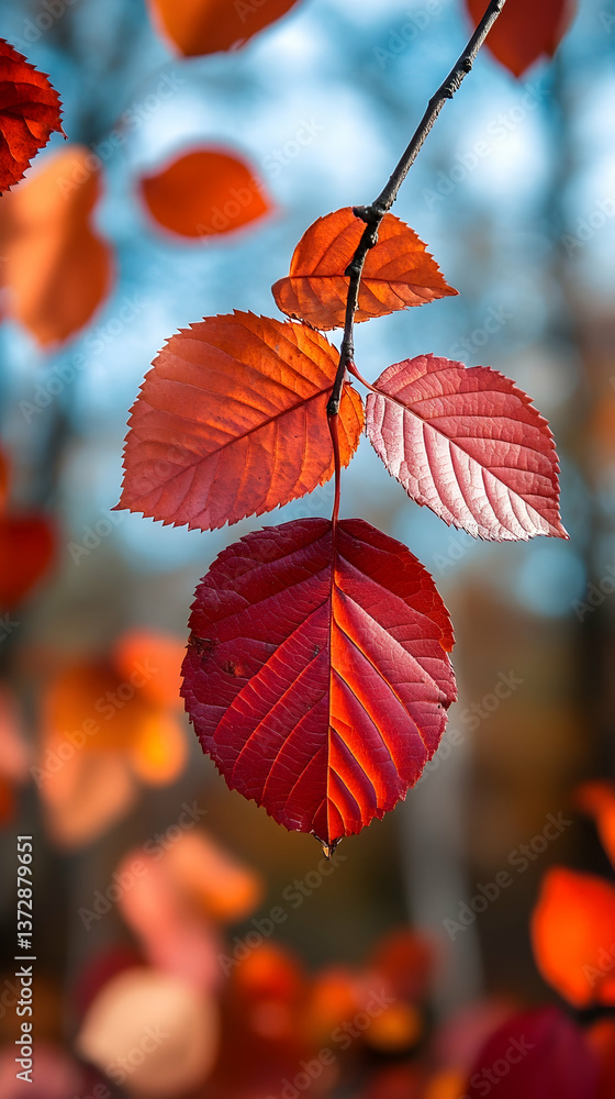 Autumn leaves with vivid red hues hang on a twig against a muted blue and orange bokeh background capturing the essence Autumn leaves with vivid red hues hang on a twig against a muted blue and orange bokeh background capturing the essence