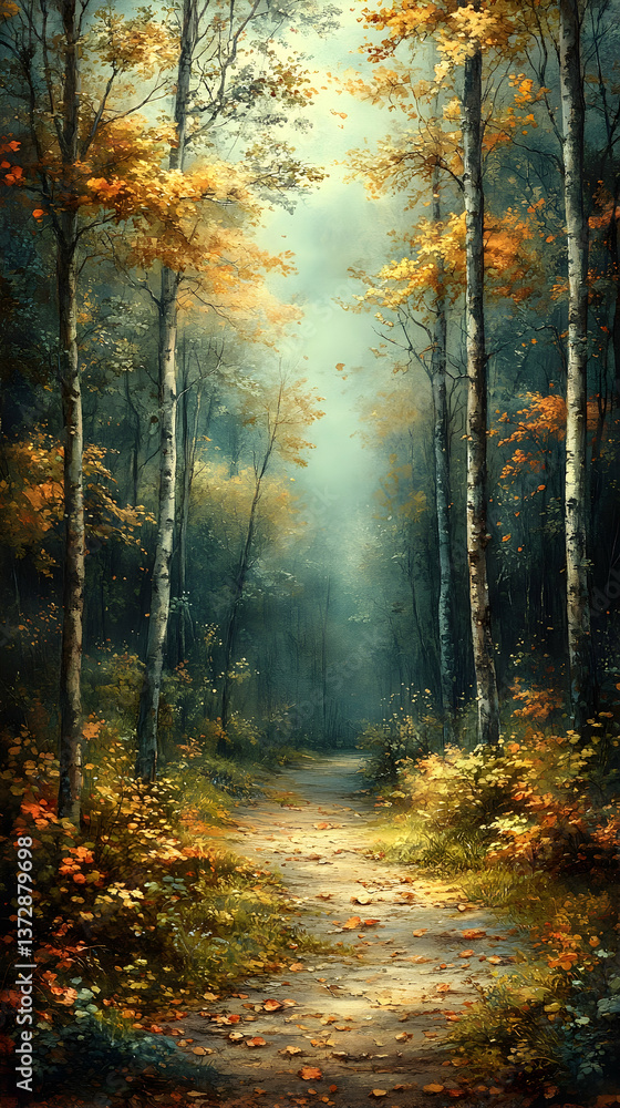 Autumn path between trees with yellow leaves leads through misty forest Leaves scattered along the path with some flowe Autumn path between trees with yellow leaves leads through misty forest Leaves scattered along the path with some flowe