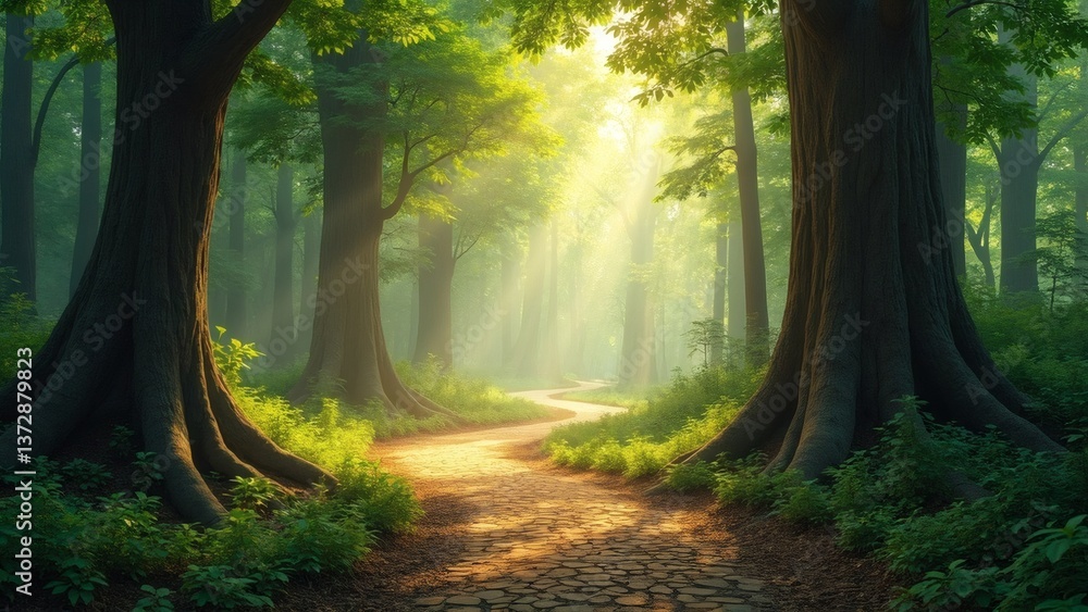 Obraz premium Sunlight Path Through Lush Green Forest, Forest, Natural Landscape, Path