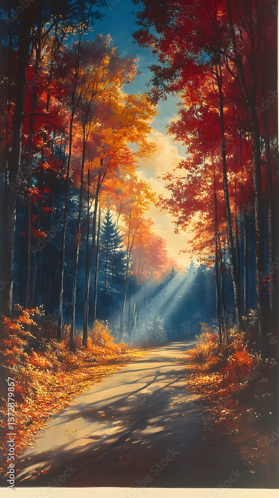 Autumn path with orange leaves and light beams shining through tall trees with blue sky in the back Autumn path with orange leaves and light beams shining through tall trees with blue sky in the back