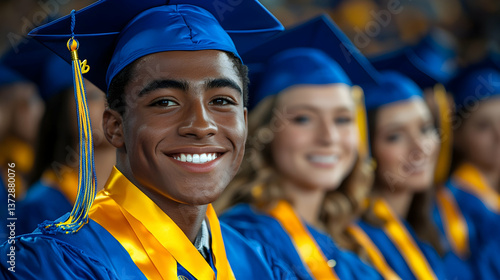 Wallpaper Mural Joyful African American Graduate in Blue Gown and Cap Surrounded by Fellow Students During Graduation Ceremony with Natural Lighting Torontodigital.ca