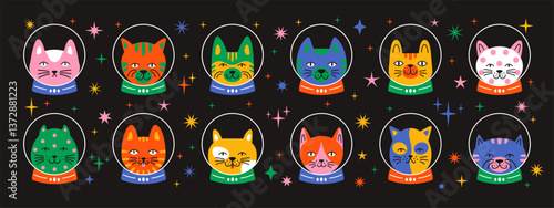 Vector colorful funny cat heads in space set flat design. Cute playful kitten cat astronaut collection. Modern cat characters wearing space suits.
