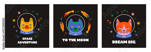 Vector funny cats in space cards in flat design. Cute playful kitten cat astronaut posters collection. Modern cat characters wearing space suits and text.