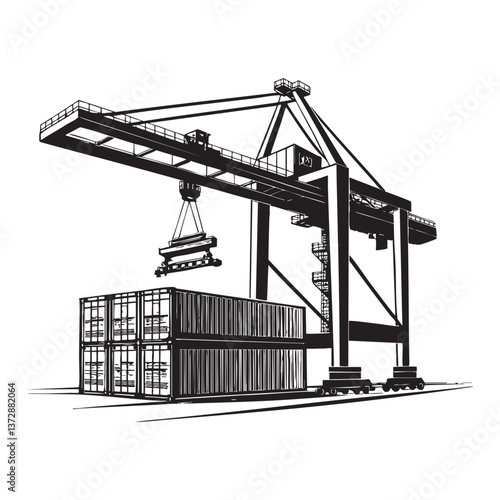 container crane engraving vector illustration