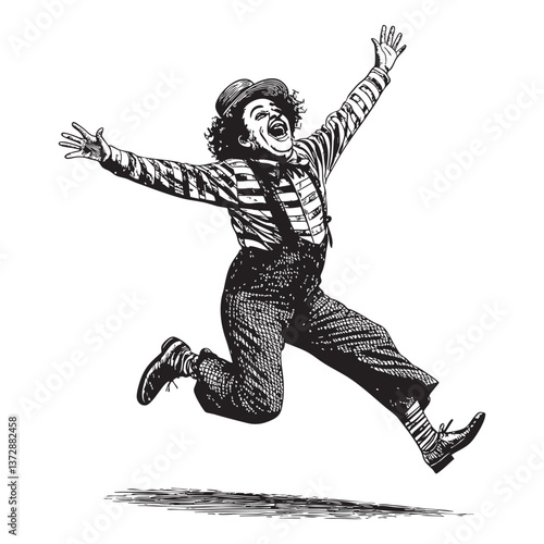clown mid jump engraving vector illustration