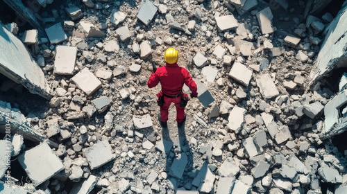 A construction worker stands amid rubble, surveying the damage caused by a collapse, highlighting themes of safety and disaster recovery.