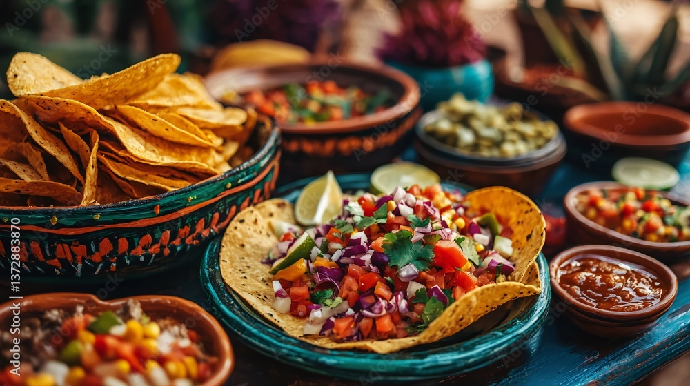 Fototapeta premium Cinco de Mayo, Delicious Mexican Fiesta Food Platter Tortilla Chips Salsa Pico de Gallo and Tacos A vibrant and colorful spread perfect for a festive celebration